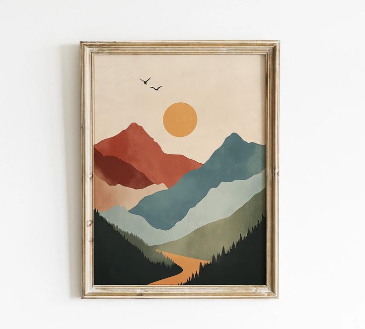 a painting hanging on the wall above a wooden frame with a bird flying over it