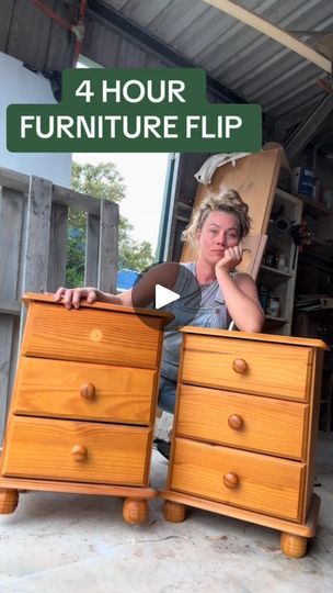 a woman sitting in front of two wooden dressers with the words 4 hour furniture flip