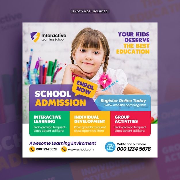 a school flyer with a girl holding a sign and pencils in her hand, on a purple background