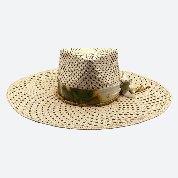 Silk and cotton ribbons with small details around crown Sweatband with 'Sunsets & palm trees' inspirational quote All hats are unique and have perfect imperfections! Straw hat hand woven in Ecuador Hand made and designed by Valeria in California Summer Fedora Panama Hat Made Of Palm Leaf, Summer Poolside Straw Hat With Toquilla Straw, Summer Poolside Straw Hat In Toquilla, Summer Poolside Straw Hat, Summer Poolside Toquilla Straw Hat, Short Brim Toquilla Straw Hat Band For Vacation, Bohemian Palm Leaf Hat Bands For Vacation, Bohemian Short Brim Panama Hat For Garden Party, Bohemian Palm Leaf Hat Bands For Summer