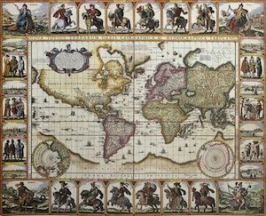 an old world map with people on it