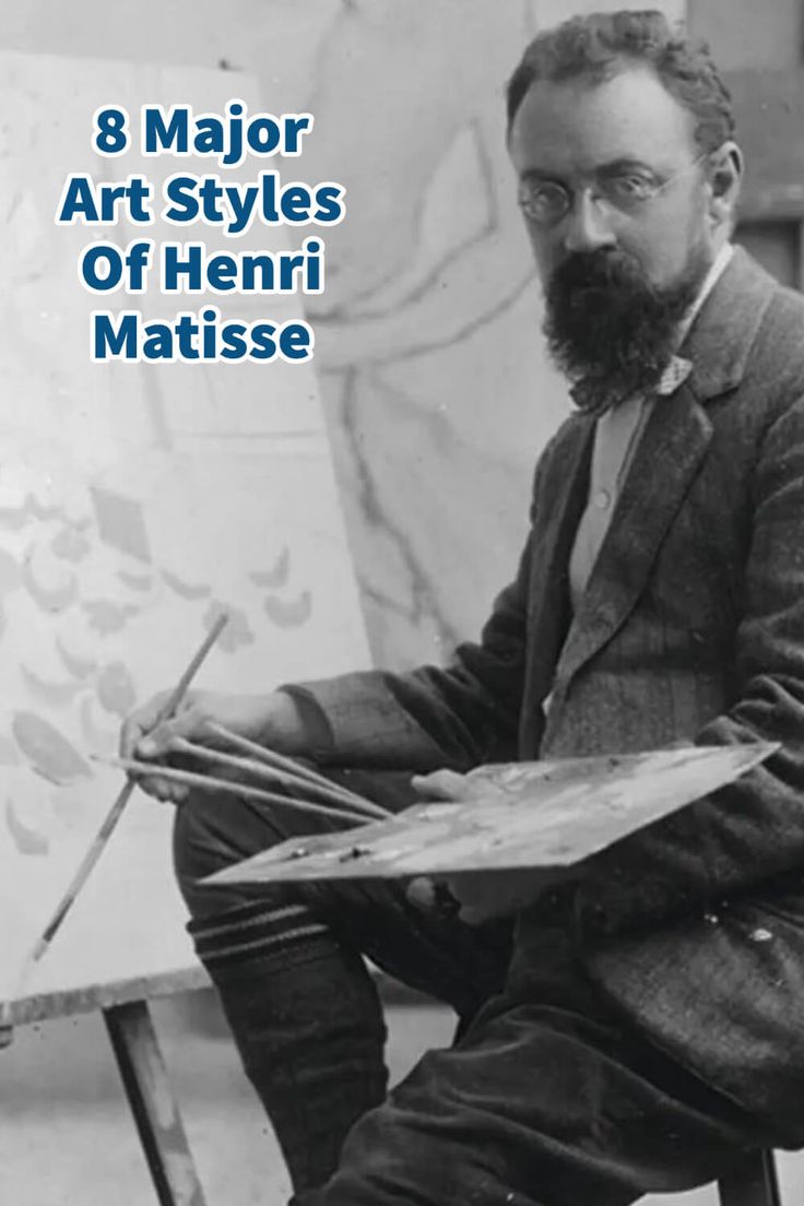 an old photo of a man sitting in front of a easel with paintbrushes