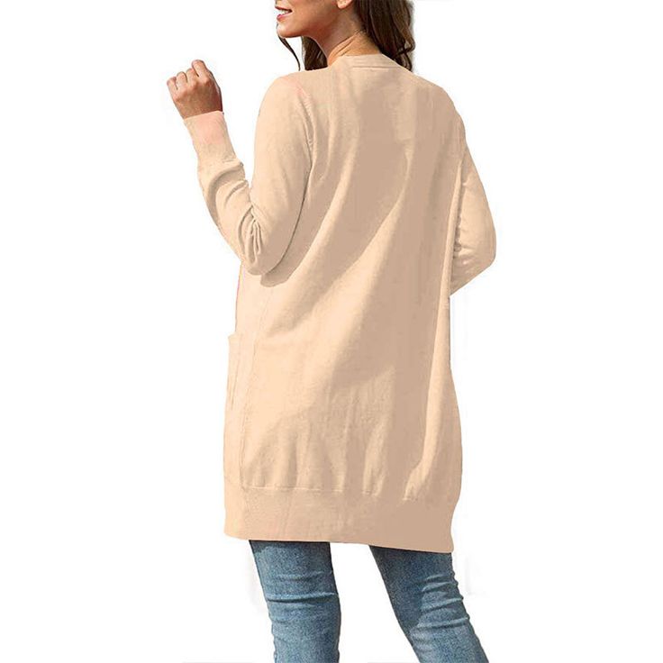 Solid Color Long Sleeve Knit Cardigan In Khaki Casual Beige Solid Color Cardigan, Beige Long Sleeve Cardigan, Solid Color Crew Neck Cardigan For Fall, Beige Knit Cardigan With Pockets, Beige Long Sleeve Soft Knit Cardigan, Beige Solid Color Cardigan For Spring, Spring Beige Solid Color Cardigan, Casual Winter Cardigan In Solid Color, Casual Winter Cardigan Solid Color