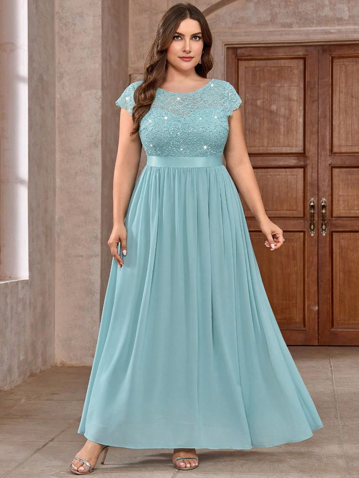 Plus Size Elegant Floral Sequin Lace Chiffon Hem Formal Party Maxi Dress Mint Blue Elegant  Cap Sleeve Lace Colorblock,Plain,All Over Print A Line Slight Stretch  Weddings & Events, size features are:Bust: ,Length: ,Sleeve Length: Wedding Guest Gowns, Party Maxi Dress, Plus Size Elegant, 파티 드레스, Lace Chiffon, Cute Prom Dresses, Scallop Trim, Formal Party Dress, فستان سهرة