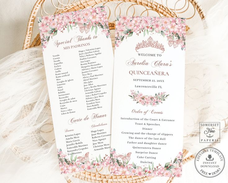 CHIC CHERRY BLOSSOMS PINK FLORAL SAKURA ROSE GOLD PROGRAM ORDER OF EVENTS LIST OF PADRINOS CORTE DE HONOR DIY EDITABLE TEMPLATE FILES - DIGITAL PRINTABLE FILES - QC46   MATCHING ITEMS  ♥ https://www.etsy.com/au/shop/SomersetFinePaperie?ref=seller-platform-mcnav&search_query=QC46 ♥  Please read the following listing description carefully ⬇ before placing your order:  This slim floral program features pretty pink cherry blossoms floral, butterflies and rose gold accents. Edit, download and print t Quinceanera Order Of Events, Quinceañera Ideas, Pink Quince, Order Of Events, Debutante Ball, Australia Photos, Event Program, Rose Gold Accents, Pink Cherry