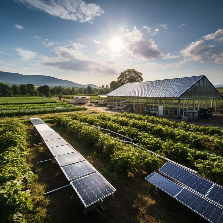 solar panels are lined up on the ground in front of a farm with mountains and trees