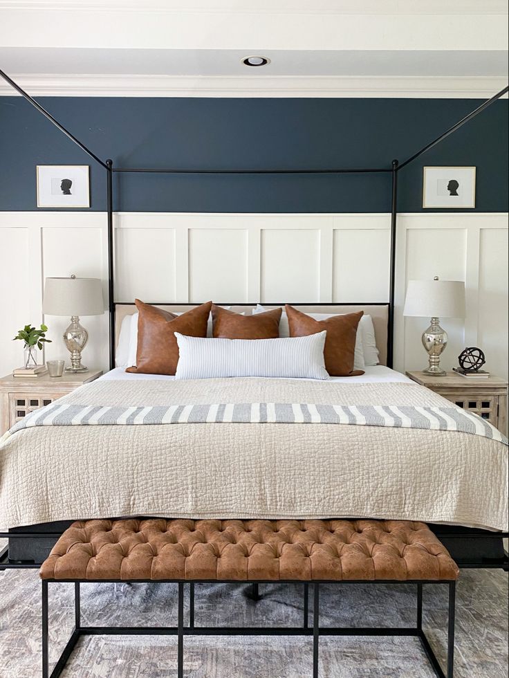 an instagramted photo of a bed with pillows and blankets on the headboard