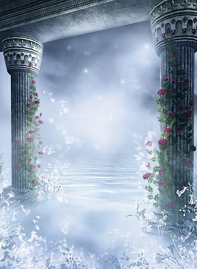 two pillars with flowers growing out of them in the foggy sky above some water