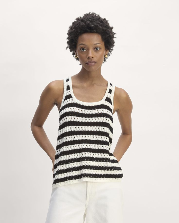 The Crochet Tank Chic Spring Knit Top With Scoop Neck, Chic Scoop Neck Knit Top For Spring, Crew Neck Pointelle Knit Tank Top, Chic Knit Top With Scoop Neck, Textured Knit Crew Neck Tank Top For Summer, Summer Textured Knit Crew Neck Tank Top, Chic Scoop Neck Knit Top For Layering, Fitted Textured Knit Crew Neck Tank Top, Summer Crew Neck Textured Knit Tank Top