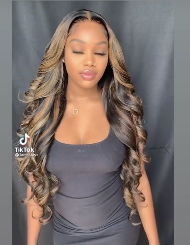 Lace Front Brown Highlights, Lace Front With Brown Highlights, Highlighted Brown Wig, Black Frontal Wig With Highlights, Black Lace Front With Brown Highlights, Black Wig With Brown Streaks, Sew Ins Hairstyles For Black Women With Color, Wig Install With Highlights, Prom Hairstyles With Highlights