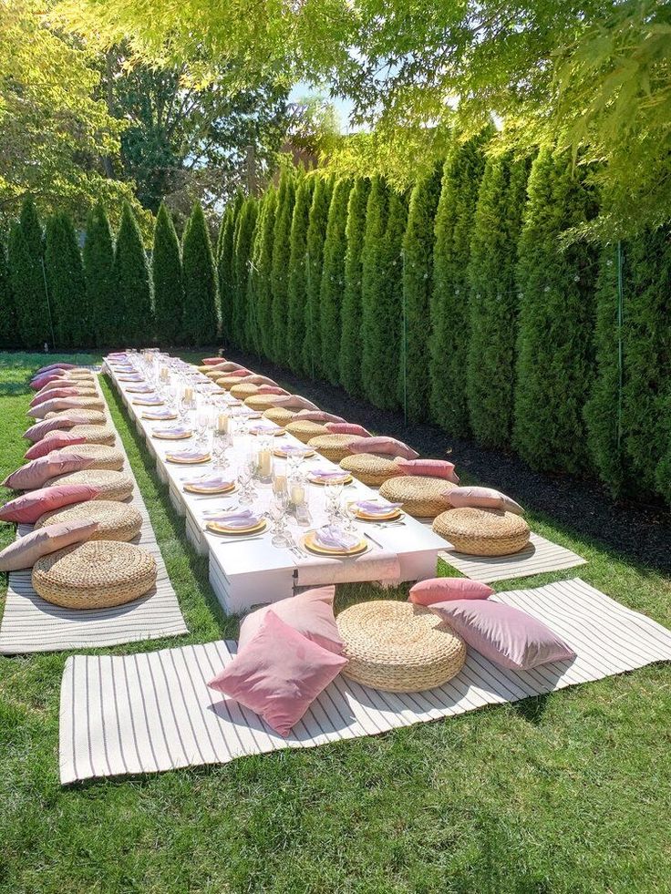 a long table is set up in the middle of a grassy area with pink and white pillows