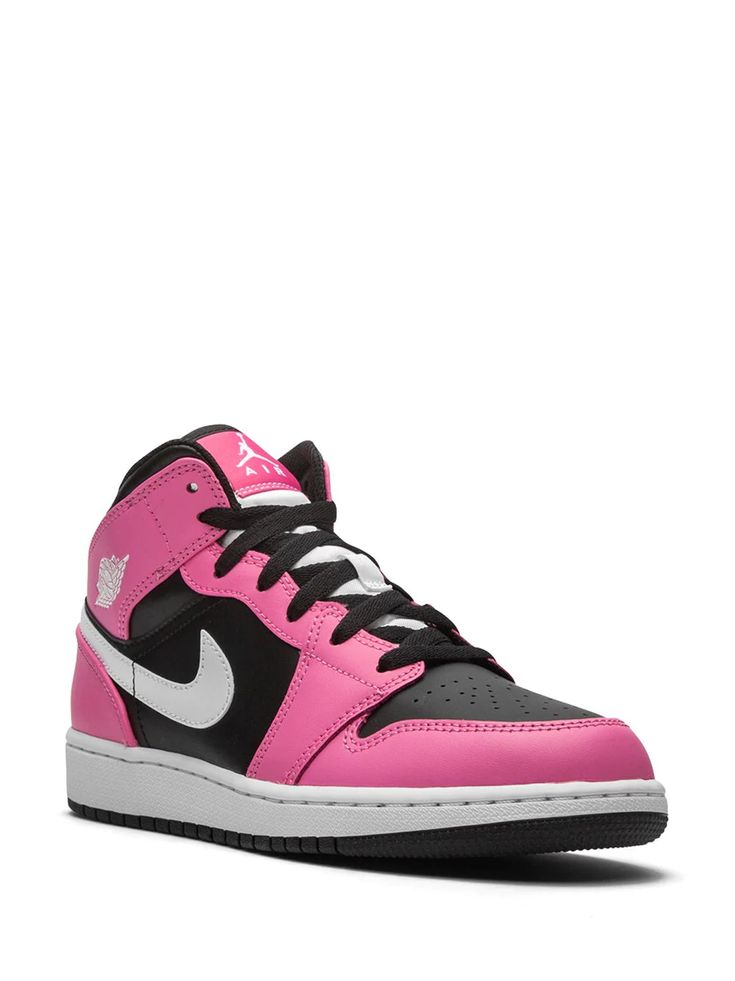 Shop pink & black Nike Kids TEEN Air Jordan 1 Mid sneakers with Express Delivery - Farfetch Pink Custom Sneakers With Contrast Sole For Streetwear, Pink High-top Custom Sneakers For Streetwear, Pink Custom Sneakers With Contrast Sole, Pink Sporty Custom Sneakers With Contrast Sole, Sporty Custom Pink Sneakers With Contrast Sole, Pink Lace-up Basketball Shoes With Contrast Sole, Pink Skate Shoes With Boost Midsole For Streetwear, Pink Skate Shoes With Contrast Sole For Streetwear, Pink Custom Lace-up Sneakers With Contrast Sole