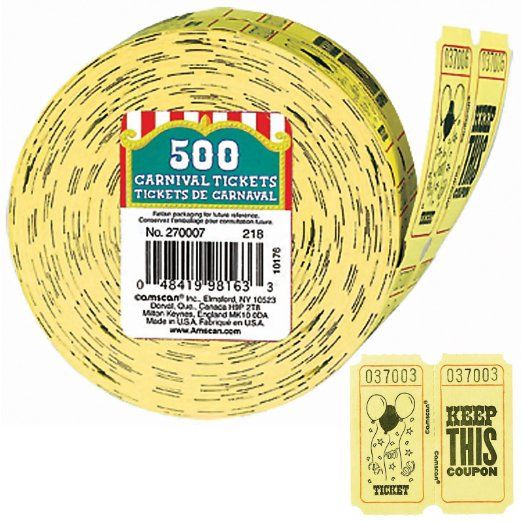 a roll of yellow carnival tickets on a white background