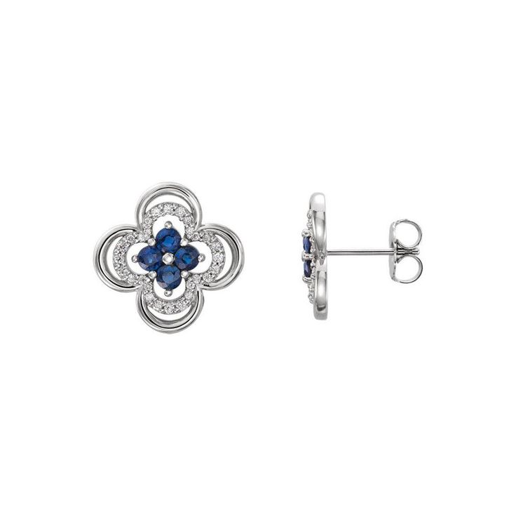 Women's earrings features 8 round blue sapphires and 56 round cut diamonds set in solid 14k white gold with push backs. Sapphire Diamond-cut Earrings, Fine Jewelry Sapphire Diamond Earrings, Sapphire Diamond Accented Earrings In Fine Jewelry, Sapphire Diamond Earrings With Accents, White Gold Sapphire Diamond Earrings, Blue Diamond Earrings For Anniversary In Sterling Silver, Blue Sterling Silver Diamond Earrings For Anniversary, Sapphire Pave Setting Jewelry, Sapphire Jewelry With Pave Setting