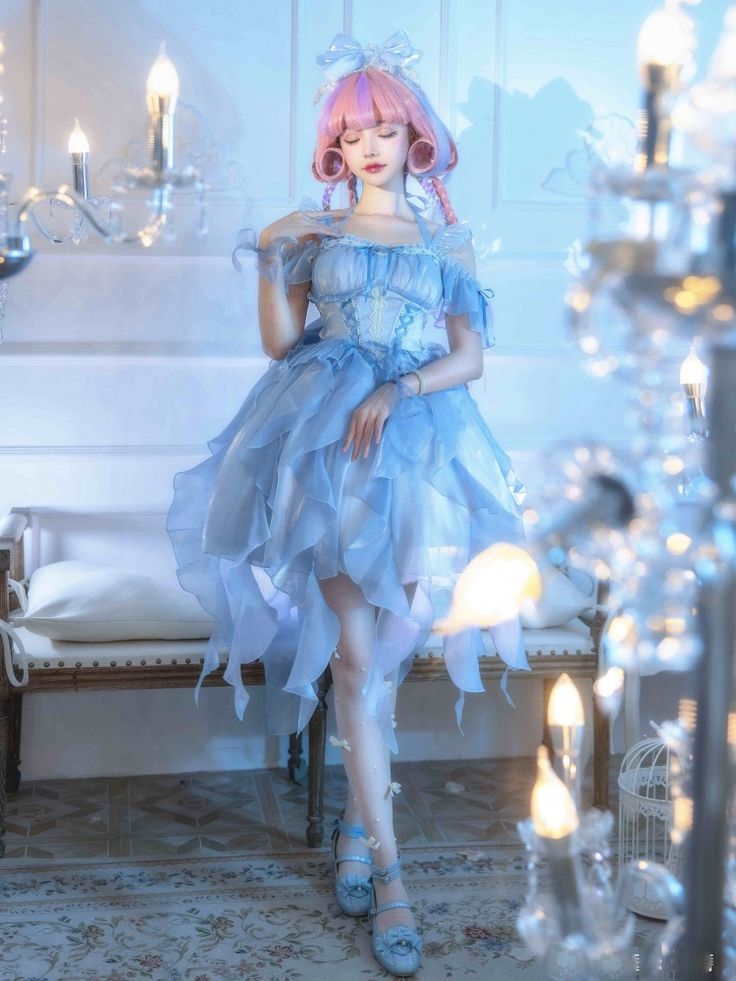 [$54.75]Blue Fairycore Corset Dress Boned Waist Cascading Ruffle Trim Skirt Fairycore Corset, Jellyfish Dress, Fairytale Lover, Fairycore Dress, Adopt Idea, Blue Jellyfish, Blue Corset, Jumper Skirt, Girls Series