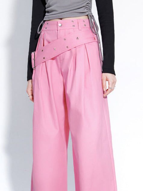 ❤︎Pink drape straight wide casual pants❤︎ College Bags, Heart Bag, Pantalon Large, Women Pants Casual, Pink Ribbon, Womens Fall, Casual Pants, White And Black, Pants