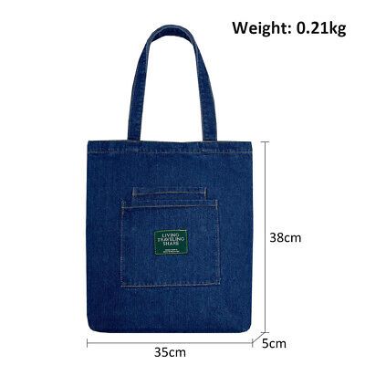 an image of a denim tote bag with measurements