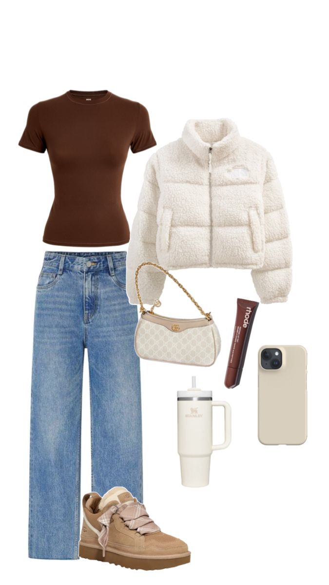 outfit inspo, brown outfit, winter outfit, comfy outfit, cozy outfit, fluffy jacket, ugg sneakers, stanley, rhode lipgloss Outfits With Uggs Sneaker, Light Brown Sweatshirt Outfit, How To Style Ugg Lowmel Sneakers, Outfits With Ugg Sneakers, Ugg Tennis Shoes Outfit, Brown Socks Outfit, Ugh Sneakers Outfit, Chillapeak Uggs Outfit, Lowmel Uggs With Outfits