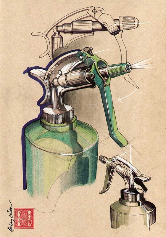 a drawing of a green sprayer and some tools