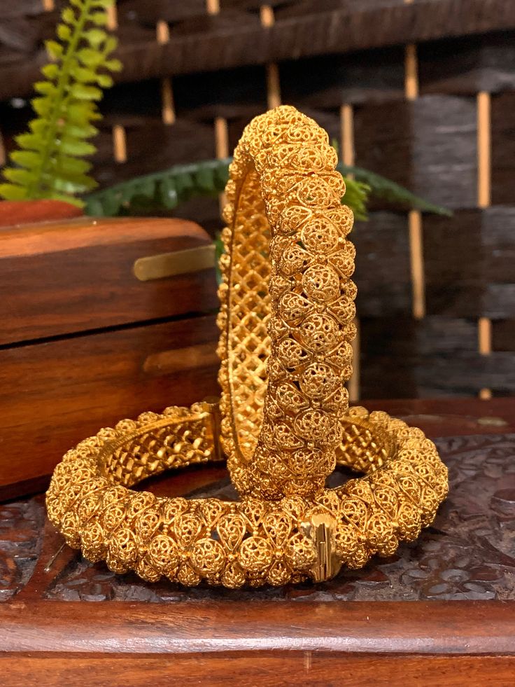 Gold plated temple style bangles shresthi. Both bangles are openable style. Rounded inside for total comfort. They run a little big on the size. Comes in a pair. Beautiful Names, Luxury House, Temple, Gold Plate, Bangles, Plating, Gold