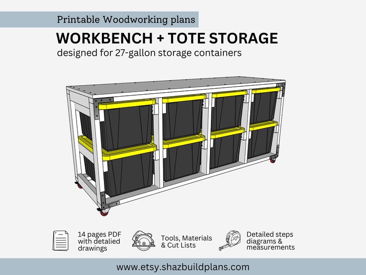 the workbench and tote storage cabinet is shown with instructions for how to use it