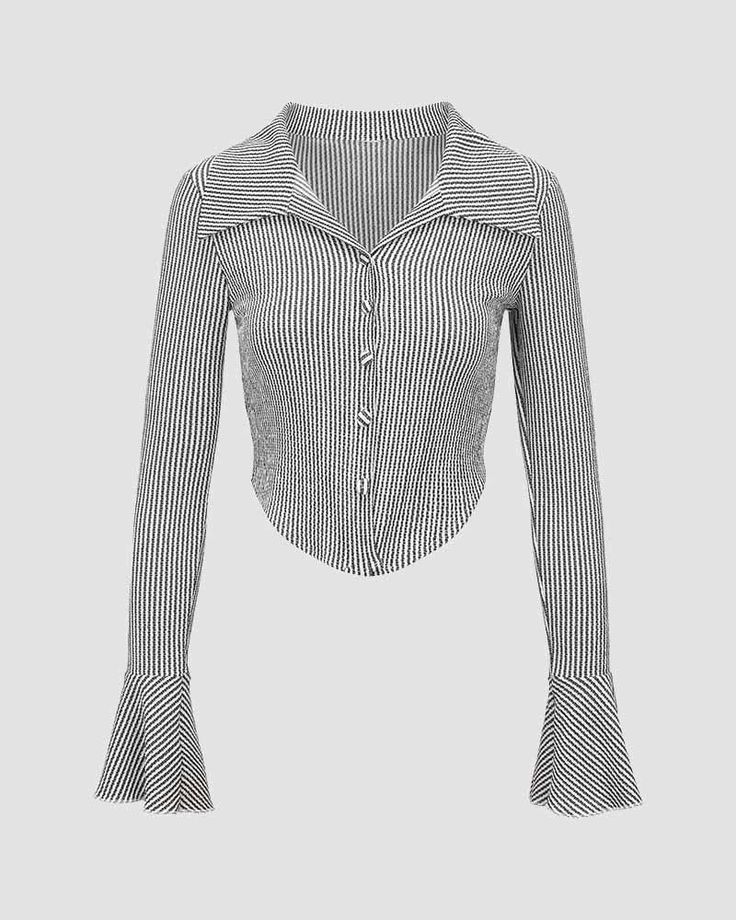 Details: Long-sleeve ribbed shirt topTop Length:NormalSleeve Length: Long SleevesMaterials:95% Polyester + 5% Spandex Trendy Stretch Button-up Tops, Spring Stretch Tops With Buttons, Slim Fit Striped Collared Top, Casual Striped Slim Fit Top, Casual Slim Fit Striped Top, Striped Stretch Tops For Work, Stretch Striped Tops For Work, Fitted Button-up Tops For Fall, Chic Stretch Button-up Tops