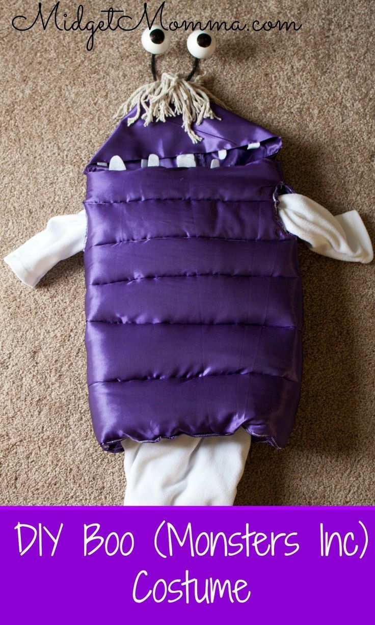 a purple sleeping bag on the floor with text overlay that reads diy boo monsters inc costume