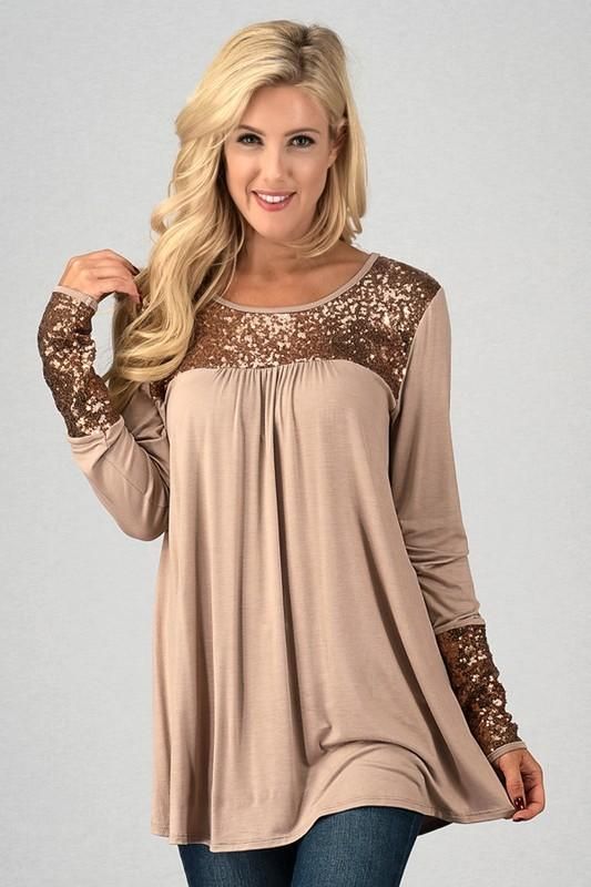 - Taupe Long Sleeve Top - Metallic Sequin Details - No lining - Taupe - Knit stretchy self - Slightly sheer sequin details - Gold metallic sequin top and cuffs - Self: 95% Rayon, 5% Spandex - Color: Taupe Sizes: Small - 2-4 Medium - 4-8 Large - 8-10 Model is 5'9" and is wearing a Small Long Sleeve Womens Tops, Sequin Tunic, Flowy Tunic, Cuffed Top, Embellished Top, Women Long Sleeve Tops, Matches Fashion, Babydoll Top, Tops Fall