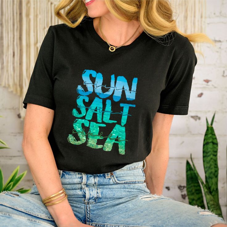 Sun Salt Sea Beach Shirt, Beach Shirt, Summer Shirt, Summer Vibes, Beach Party Shirt, Beach Vibes, Family Beach Shirt, Shirt for the Beach --How To Order-- 1-) Please, Check and Review all Photos. 2-) Choose Your T-Shirt Size and Model From the "Size" Menu. 3-) Choose Your T-Shirt Color from "Primary Color" Menu. 4-)Choose the quantity as much as you want. 5-) Click ADD TO CART. You can go back to add more product color for your family members anytime you want, or you can complete the checkout process. 6-) Please click the "Proceed to Check Out" button 7-) Finally, Processing time is 1-3 days. Shipping time is based on the shipping type you'll select at checkout. -When you check out, you can add a note to seller for any request. -The shirts are very high quality and super soft comfortable Black Crew Neck Camp Shirt For Summer, Black Hawaiian Tops For Beach Season, Tropical Print T-shirt For Beach In Summer, Black Summer Shirt For Vacation, Summer Cotton Hawaiian Shirt With Letter Print, Summer Hawaiian Cotton Shirt With Letter Print, Casual Hawaiian Shirt With Letter Print, Casual Crew Neck Hawaiian Shirt For Summer, Summer Casual Hawaiian Shirt With Crew Neck