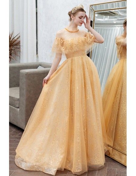 Yellow Ball Gown For Party, Gold Prom Evening Dress For Party Season, Gold Evening Dress For Prom During Party Season, Gold Fitted Ball Gown For Party, Yellow Party Gown With Sweep Train, Yellow Floor-length Ball Gown For Party, Gold Tulle Evening Gown, Yellow Gown With Sweep Train For Party, Yellow Floor-length Party Ball Gown