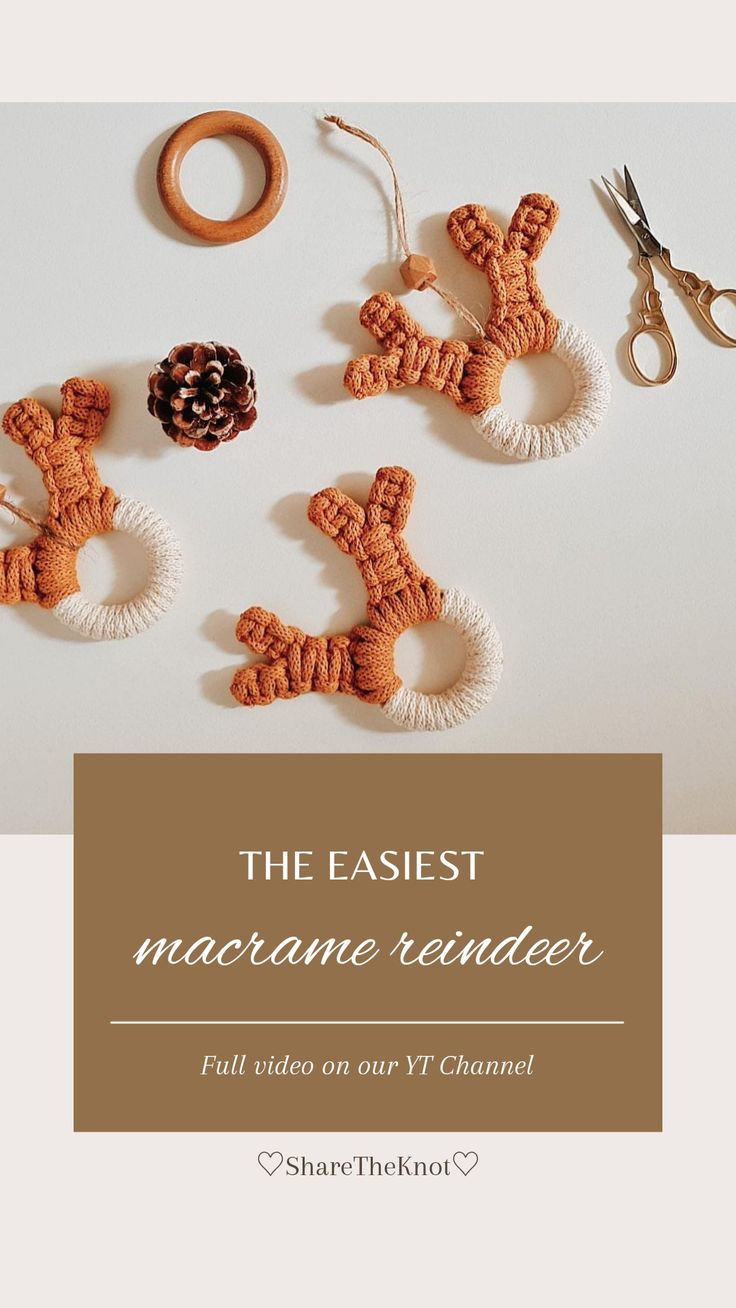 crocheted ornaments with scissors and thread on the cover of the book, the easest macrame reindeerer