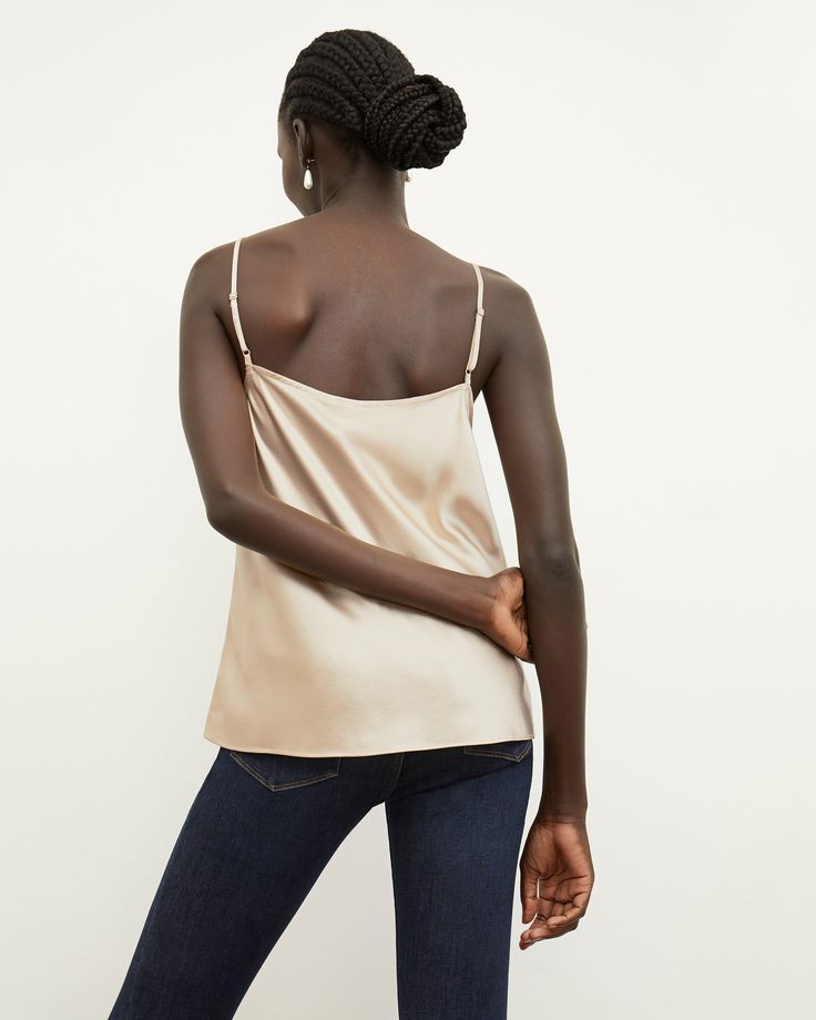 The Lisey Cami—Washable Silk Charmeuse - Champagne | M.M.LaFleur Silk Camisole With Built-in Bra, Silk Camisole With Built-in Bra And Spaghetti Straps, Feminine Satin Camisole With Spaghetti Straps, Elegant Satin Camisole With Built-in Bra, Silk Camisole With Adjustable Straps, Satin Camisole With Straps, Satin Camisole With Adjustable Straps, Silk Tank Top With Adjustable Straps, Silk Camisole With Built-in Bra And Tank Straps