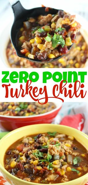 two bowls filled with turkey chili next to each other and the words, zero point turkey chili