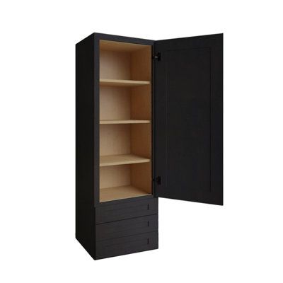 an empty black cabinet with shelves and doors