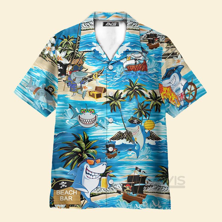 Avis89 Shark Amazing Pirate Beach Bar - Hawaiian Shirt Men Hawaiian Shirt, Comfy Outfit, Beach Bar, Cool Hawaiian Shirts, Beach Bars, Mens Hawaiian Shirts, Hawaiian Shirts, Summer Months, Shirt For Women