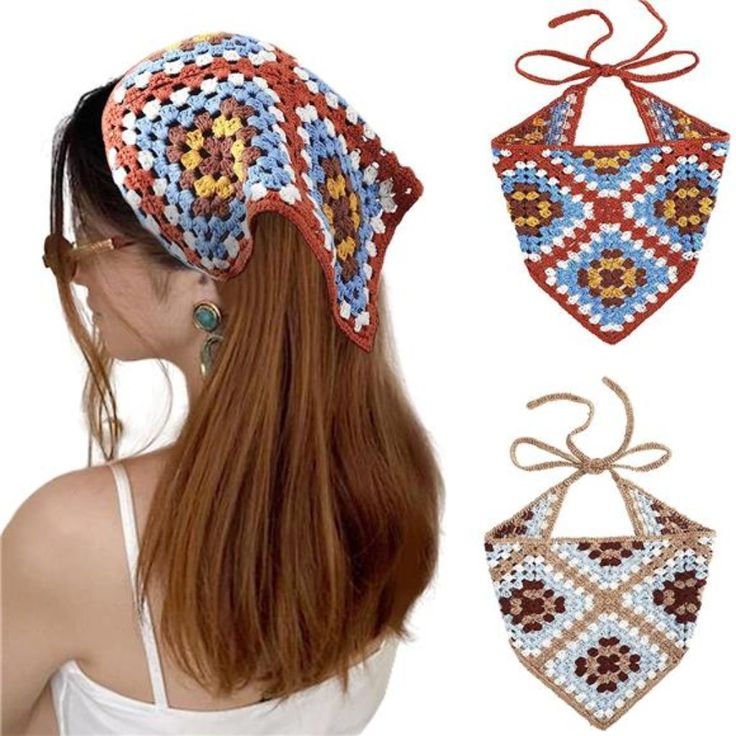 the woman is wearing three different pieces of crocheted hair ties and two bandannas