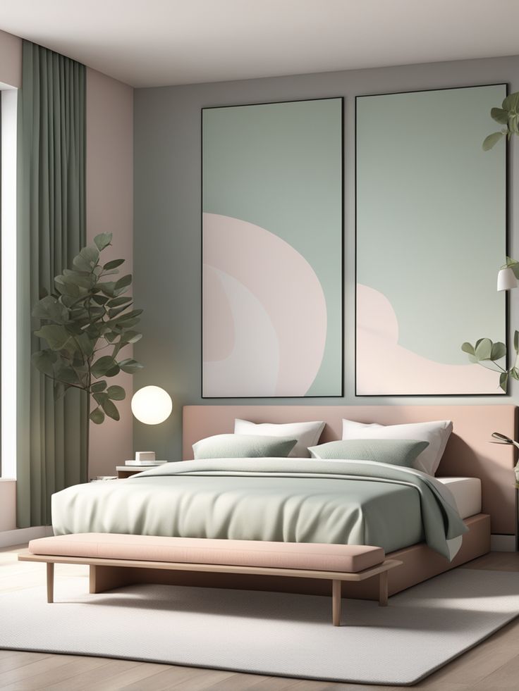 Ilustrasi kamar tidur modern dengan suasana yang tenang dan santai, menampilkan tempat tidur platform dengan kepala tempat tidur yang sederhana, meja samping tempat tidur minimalis, dan lampu meja yang dirancang dengan elegan. Elemen-elemen termasuk ruang terbuka dan dekorasi minimalis, tekstil berkualitas tinggi, serta elemen penyimpanan yang tersembunyi. Menggunakan palet warna netral seperti abu-abu dan putih, dengan aksen warna lembut seperti hijau mint atau merah muda pucat Minimalist Pink Bedroom Interior Design, Mint Gray Bedroom, Pink Mint Bedroom, Mint And Pink Bedroom, Headboard Minimalist, Minimal Bedroom Interior, Bedroom Interior Colour, Lady Room, Mint Green Bedroom