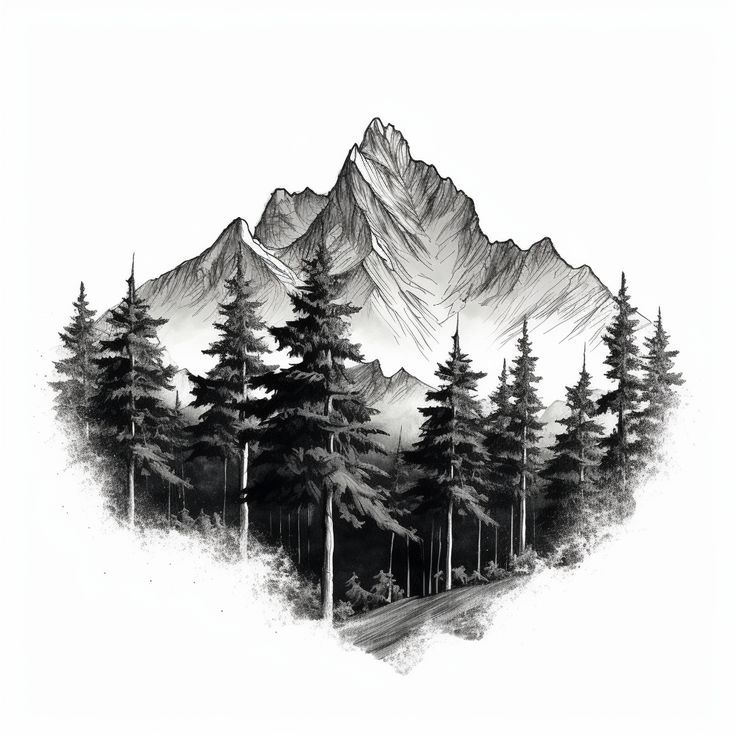 a black and white drawing of mountains with trees