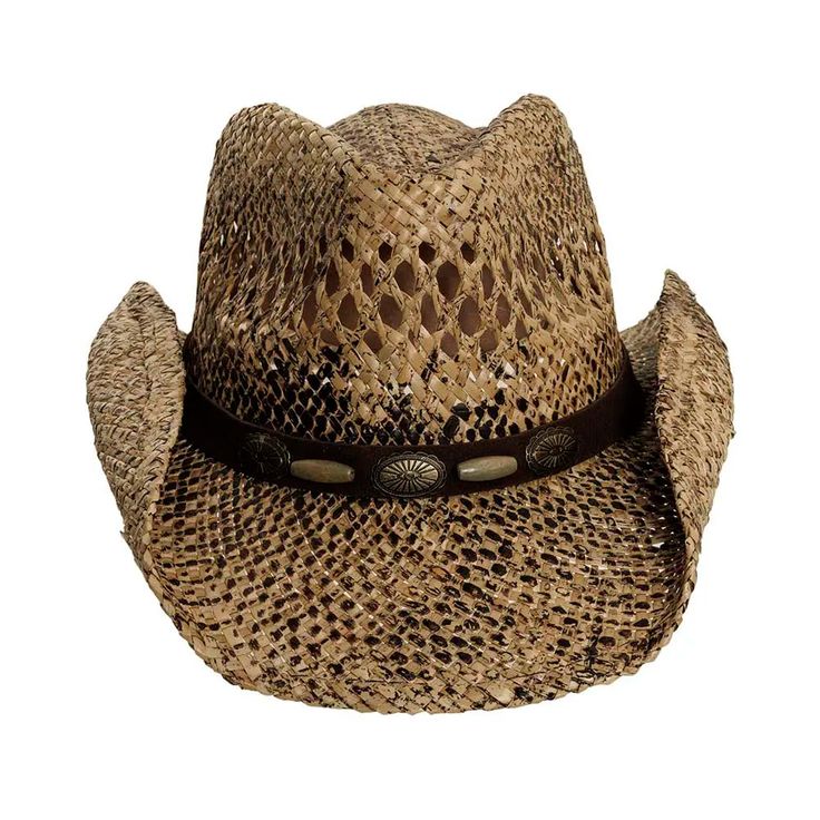 Sedona is the ultimate Womens Woven Seagrass Straw Cowgirl Hat. Adorned with 3/4" faux leather, conchos, and beads, this exclusive hat offers both style and function. Perfect for the fashion-forward individual looking to make a statement with their accessories. Southern Style Short Brim Hat For Country Events, Rustic Adjustable Hats For Rodeo, Adjustable Straw Hat For Rodeo With Short Brim, Western Adjustable Hats For Country Events, Western Adjustable Hats For Kentucky Derby, Brown Southern Style Hat For Rodeo, Adjustable Rustic Fedora Hat, Rustic Adjustable Brimmed Hat, Rustic Adjustable Short Brim Hat