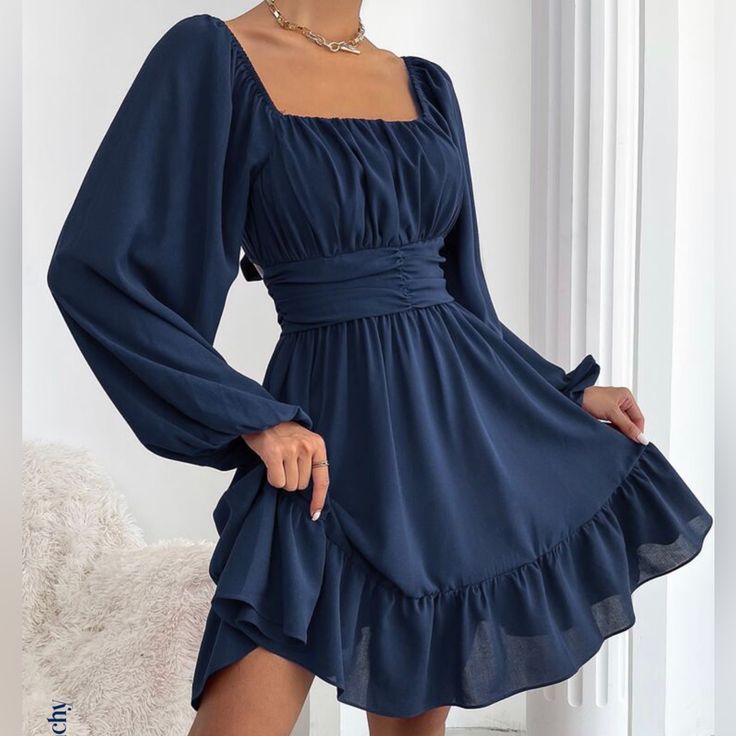 Never Worn, It’s New Such A Cute Stylish Trendy Dress Size S (4) Some Pictures Color Makes It Look Super Light Cuz Of Sunlight Color Is Navy Blue Lantern Sleeve Dress, Shein Dress, Ruffle Hem Dress, Hoco Dresses, Dresses For Teens, Lantern Sleeve, Outfit Casual, Hem Dress, Fancy Dresses