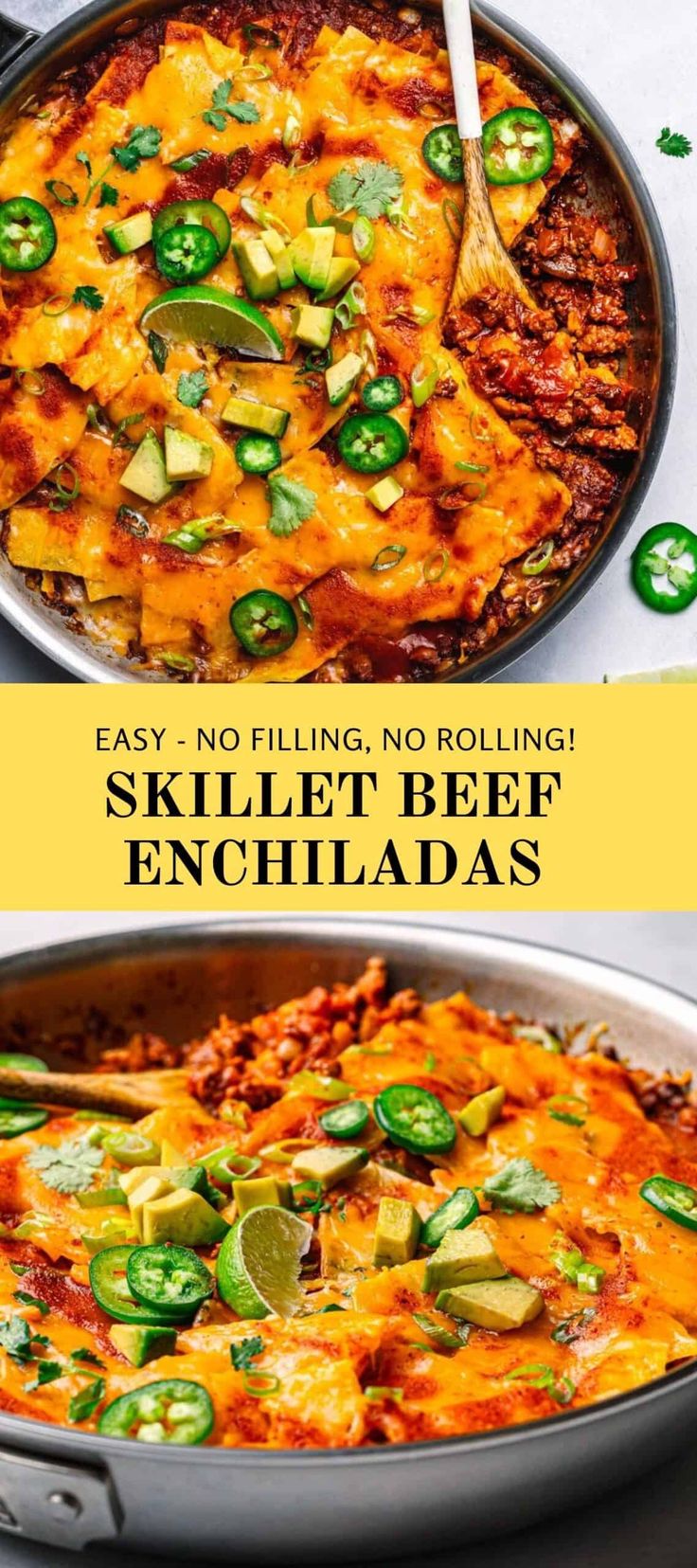 two pictures showing different types of food in pans with the words skillet beef enchiladas