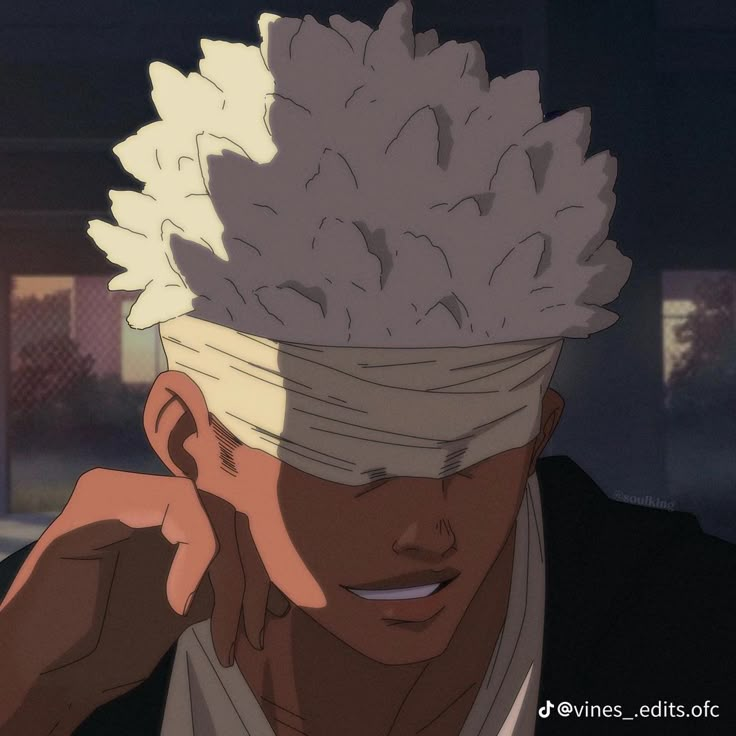 an animated image of a man with a blindfolded head covering his eyes and hand to his ear