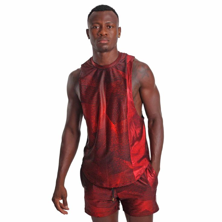 Your new go to rave top: The Hot Shot Tank in Diablo  This red muscle tank is made with a 4 way stretch spandex printed with glittery geometric pattern foil and a contrasting holographic red side panel. This rave vest features a stretchy and comfortable crew neck and low arm holes. Designed to be mens rave wear or mens festival wear but great for summer too. For a head to toe rave outfit Complete the set with matching shorts with liner. SIZING: Please check the size chart and consult us via mess Fitted Muscle Tee For Gym And Summer, Summer Training Sleeveless Muscle Tee, Summer Racerback Muscle Tee For Training, Summer Training Muscle Tee With Racerback, Summer Training Racerback Muscle Tee, Casual Summer Muscle Tee For Training, Stretch Muscle Tee For Summer Sportswear, Summer Sports Muscle Tee With Graphic Print, Summer Muscle Tee With Graphic Print In Athleisure Style