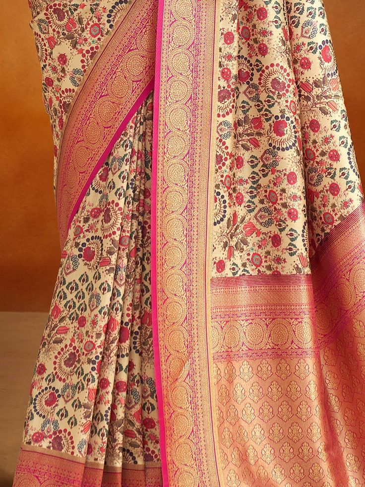 Introducing our outstanding beige kalamkari printed banarasi silk saree with blouse! Made with high-quality banarasi silk material, this saree exudes elegance and sophistication. The beige color adds a touch of grace, while the kalamkari printed work creates a mesmerizing ensemble. The rich pallu with zari weaving border enhances the overall look, making it a perfect choice for weddings, festivals, and other special occasions.
The accompanying pink color banarasi silk fabric blouse complements t Beige Semi-stitched Saree, Cream Art Silk Saree, Bollywood Style Beige Saree Blouse Piece, Cream Self Design Saree, Diwali Beige Saree Blouse Piece, Beige Silk Saree For Diwali, Cream Self-design Saree, Beige Tussar Silk Saree With Pallu, Beige Saree With Zari Weaving In Traditional Drape