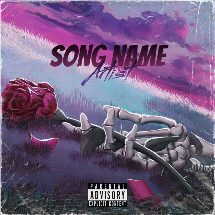 the cover art for song name, featuring a skeleton holding a rose in it's hand