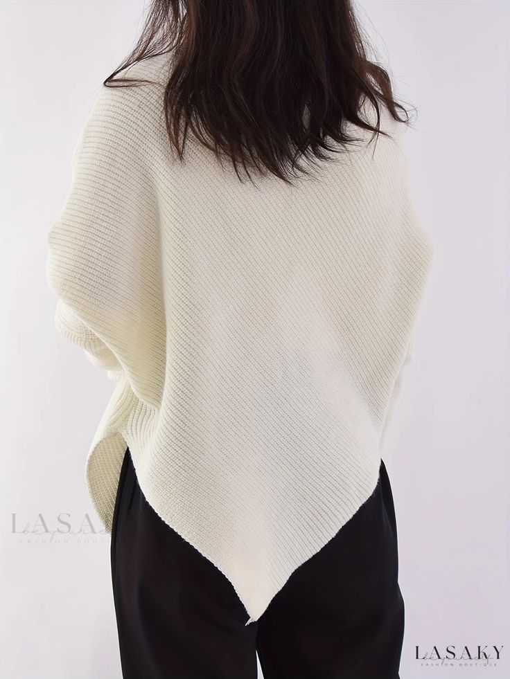 Lasaky - Fall-Winter Womens Clothing: Elegant Batwing Sleeve Sweater with Asymmetrical Hem and Turtle Neck Design Plain White Sweater For Winter, Winter Plain Top With Asymmetrical Hem, White Long Sleeve Poncho For Fall, White Fall Poncho, Asymmetrical Sweater For Winter, Casual Sweater With Asymmetrical Hem For Winter, Winter Long Sleeve Poncho For Layering, White Oversized Winter Poncho, Chic Winter Poncho With Batwing Sleeves