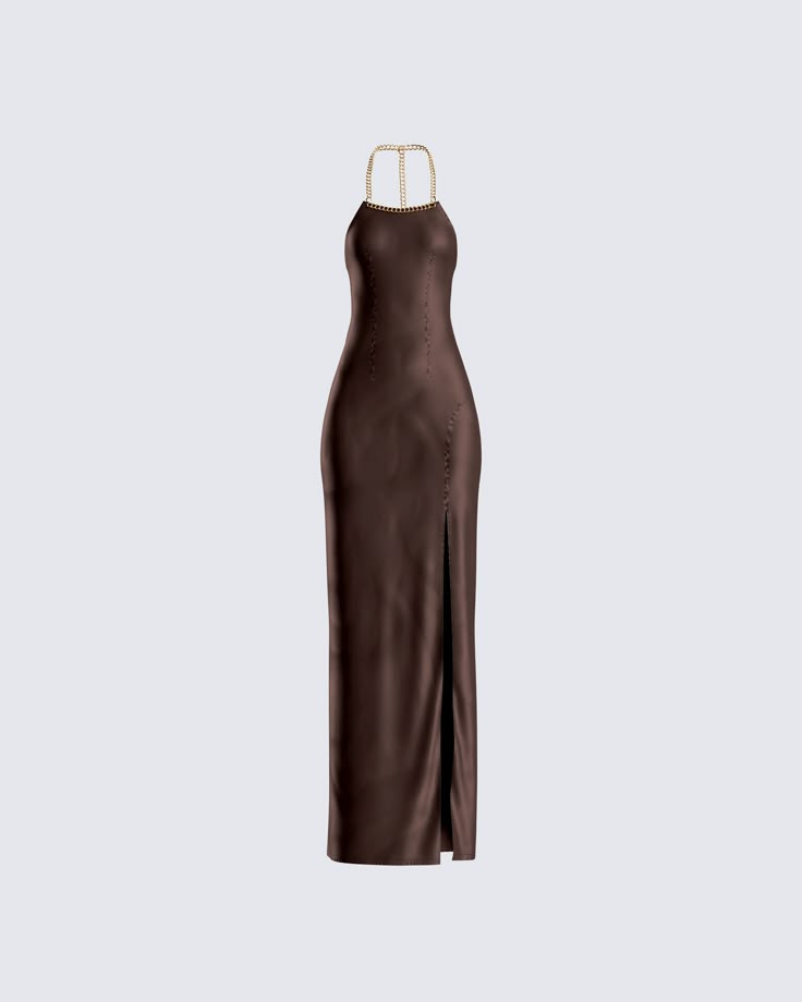 It’s not every day that someone is blessed with the presence of an actual goddess… give them that gift 😏 Be unforgettable in this brown satin, form-fitting gown with a front slit. Complete with a gold chain halter neckline and straps for an elevated look 🤎 Dark Brown Satin Dress, Finesse Dress, Brown Formal Dress, Brown Satin Dress, Brown Gown, Brown Dresses Formal, Brown Clothes, Baddie Dresses, Fuzzy Skirt