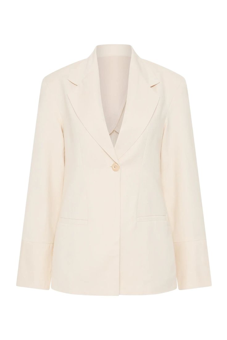 A tailored blazer with a single button closure, crafted from a Linen blend fabrication in a neutral hue. With classic detailing and stitching, style with the matching Soleil Trouser for a refined yet relaxed approach to suiting. Business Cream Blazer With Double Button Closure, Cream Business Blazer With Double Button Closure, Cream Double Button Blazer For Business, Cream Blazer With Double Button Closure For Business, Cream Blazer With Double Button And Notch Lapel, Spring Office Blazer With Structured Boning, Cream Single Breasted Blazer With Notch Lapel, Business Blazer With Concealed Placket In Beige, Cream Single Breasted Blazer With Suit Collar