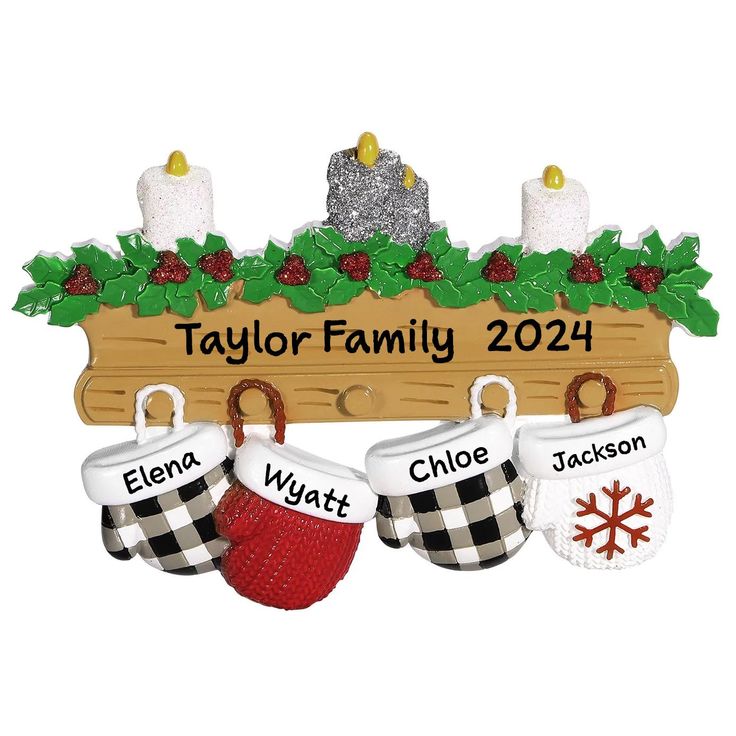 personalized christmas ornament with stockings and mugs hanging from the handle on a wooden sign