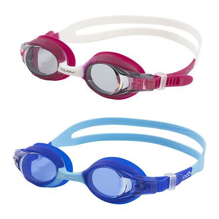 two swimming goggles, one blue and the other red with clear lenses on them